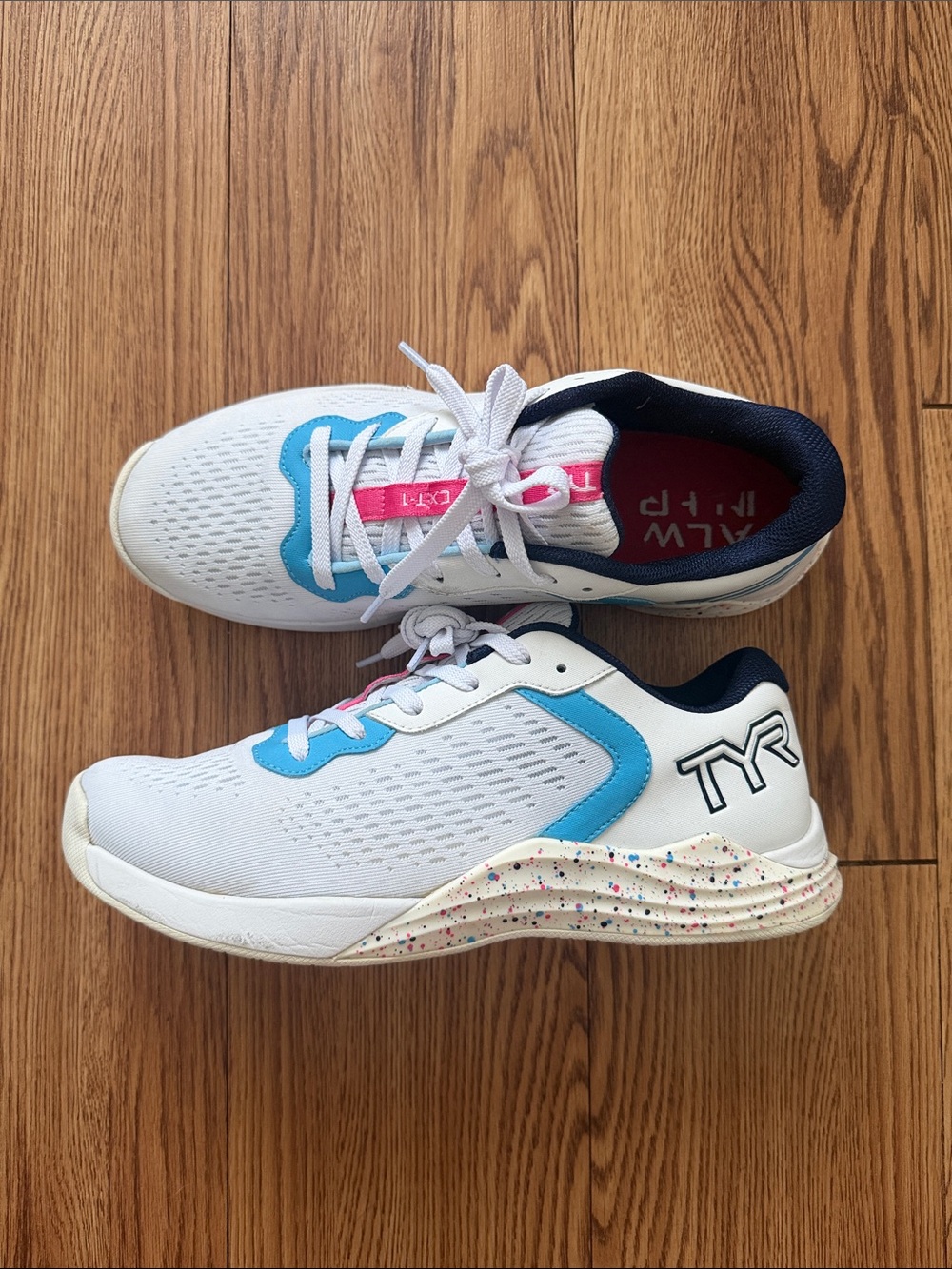 TYR White Sneakers with Blue Trim and Pink Accents